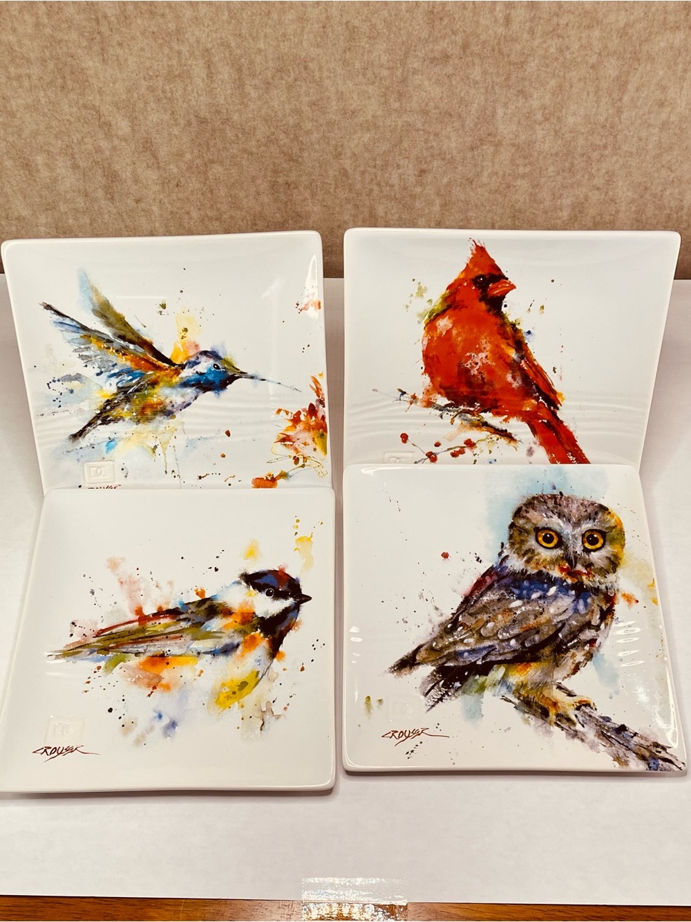 Dean Crouser Watercolor Bird Cardinal Owl Hummingbird Chicadee Plate Set of 4